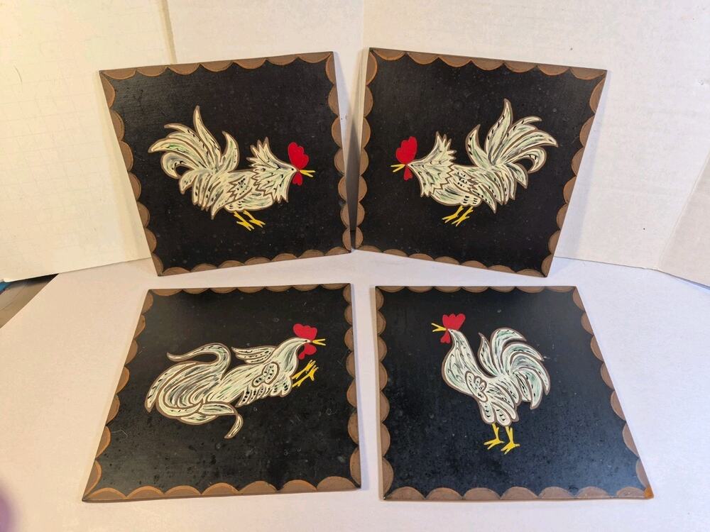 4 Rooster Chicken Hand Painted Wooden Wall Plaques/Trivit Farmhouse Vintage